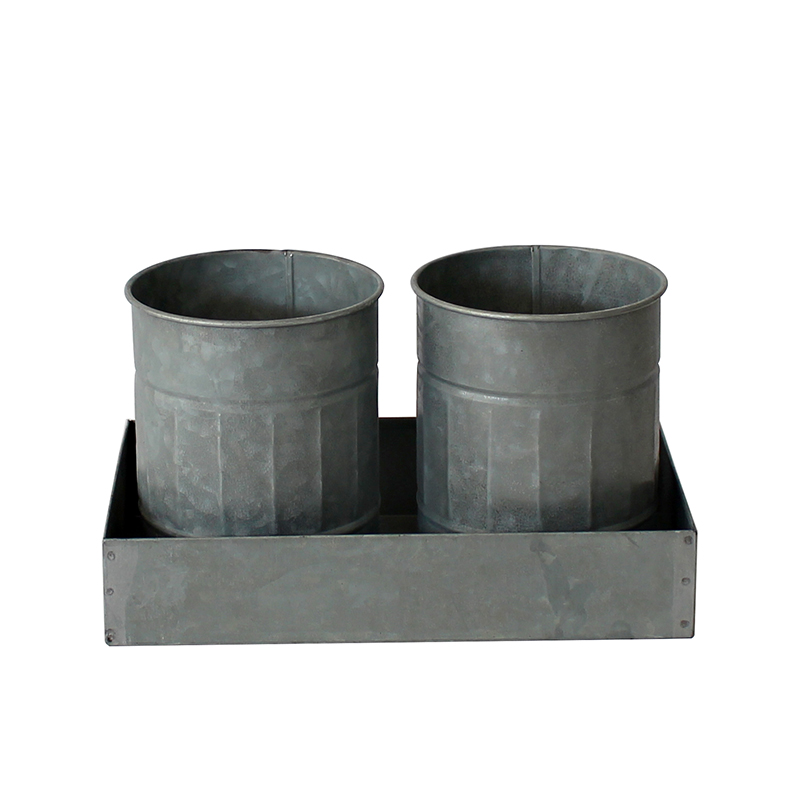 Galvanized Flower Pot and Tray Set 