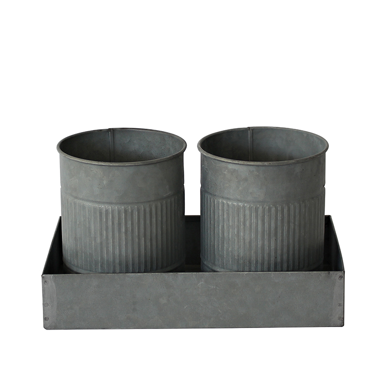 Galvanized Metal 2 pieces Plant Pots In Tray