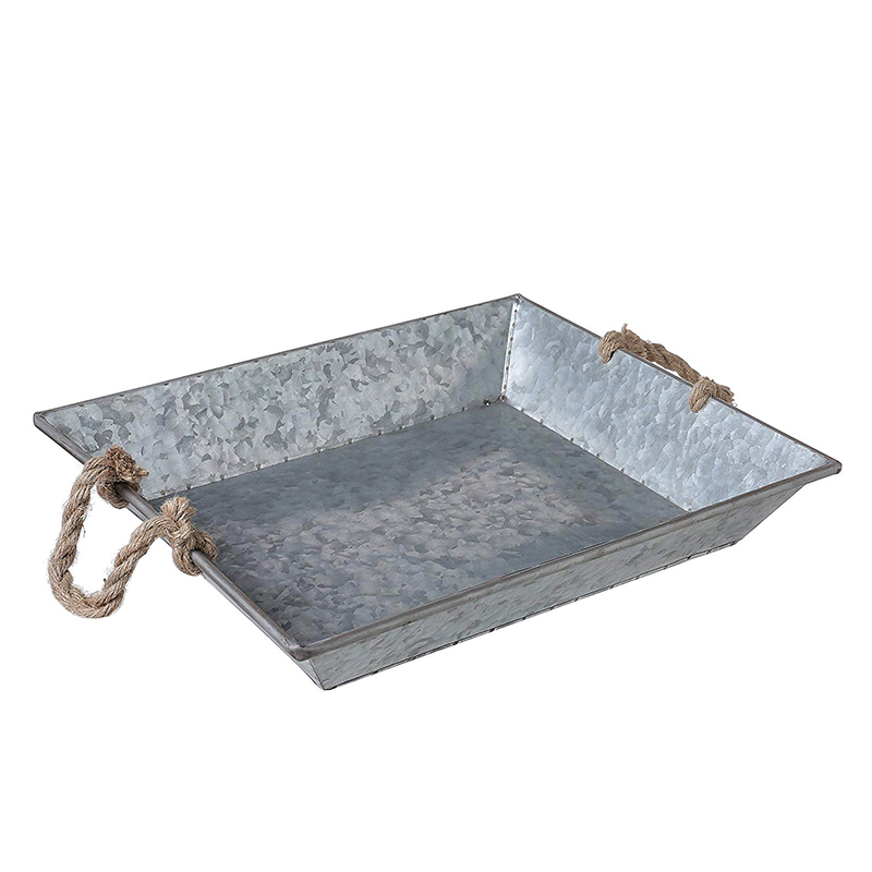 Rustic Style Galvanized Zinc Metal Decorative Tray with Rope Handles