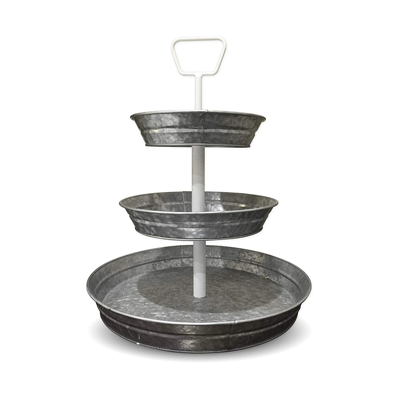 Galvanized Round 3 Tier Serving Trays with White Handle