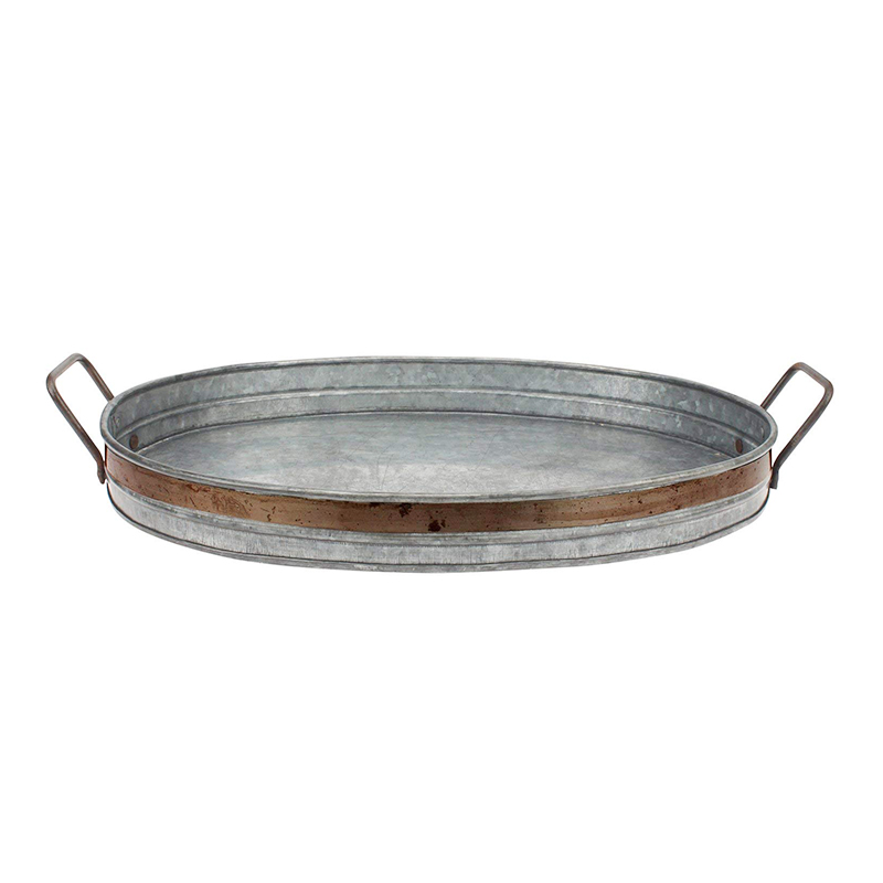Galvanized Metal Serving Tray with Rust Trim and Metal Handles
