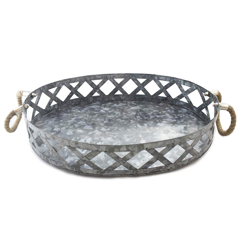 Galvanized Metal Farmhouse Rustic Decor Large Outdoor Round Serving Tray 