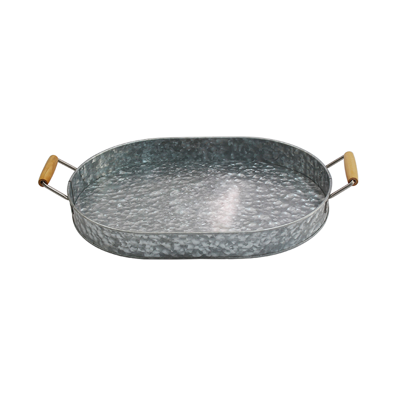 Gray Galvanized Metal Tray with wood Ear Handles