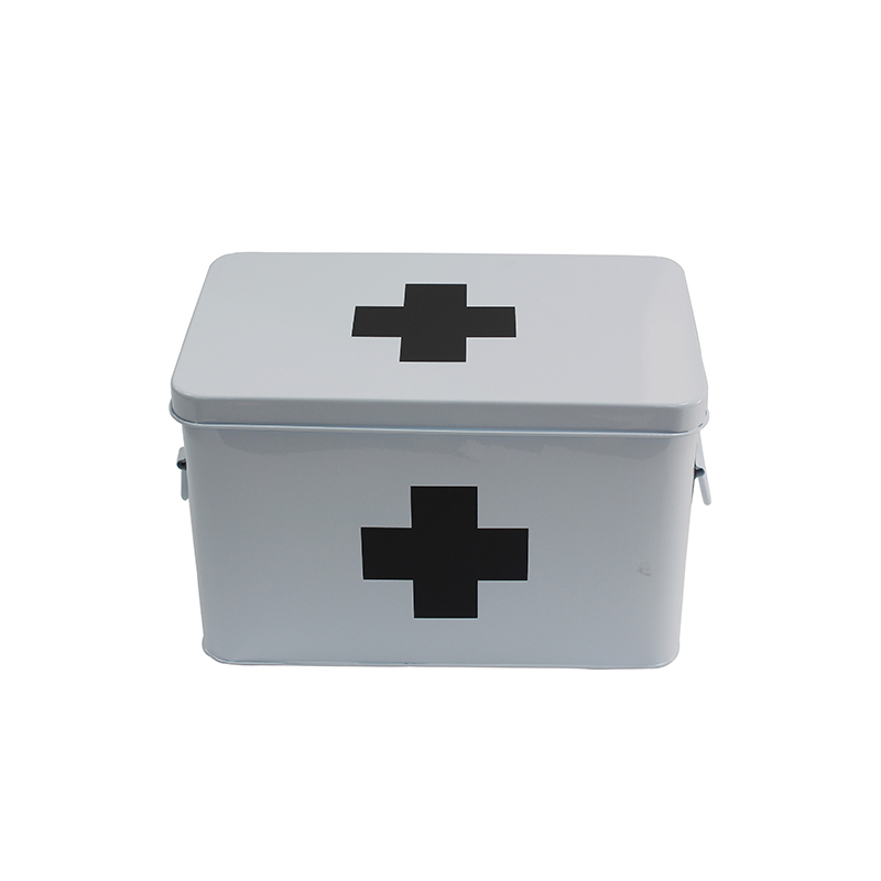 White Metal Home Storage First Aid Box with Lid & Black Cross on Front