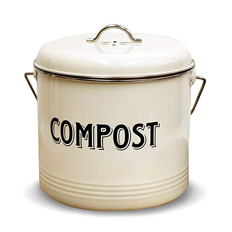 Compost Bin with FREE Charcoal Filters Vintage Cream Powder-Coated Carbon Steel | Kitchen Pail with Lid, Trash Keeper Container Bucket, Recycling Caddy