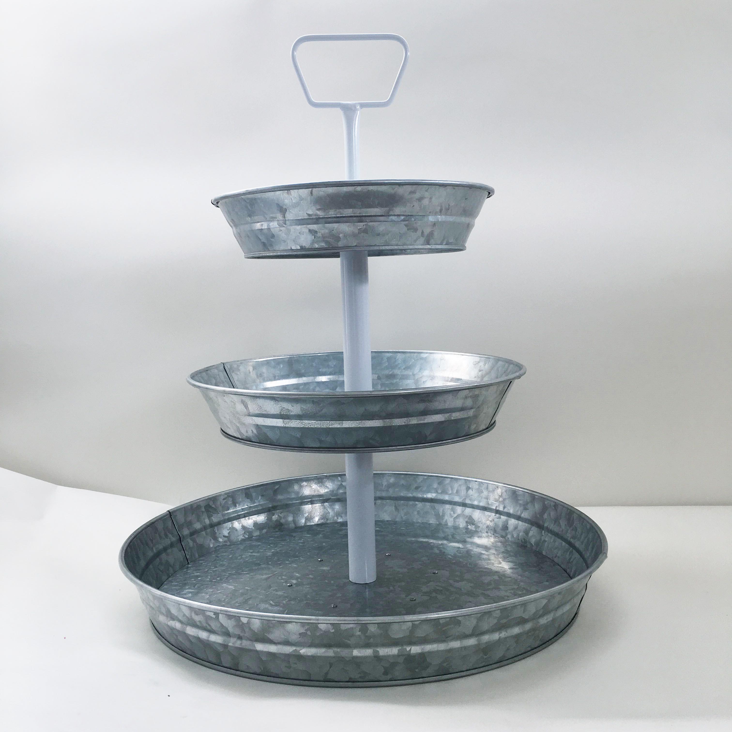  3 Tier Galvanized Round Serving Trays with White Handle