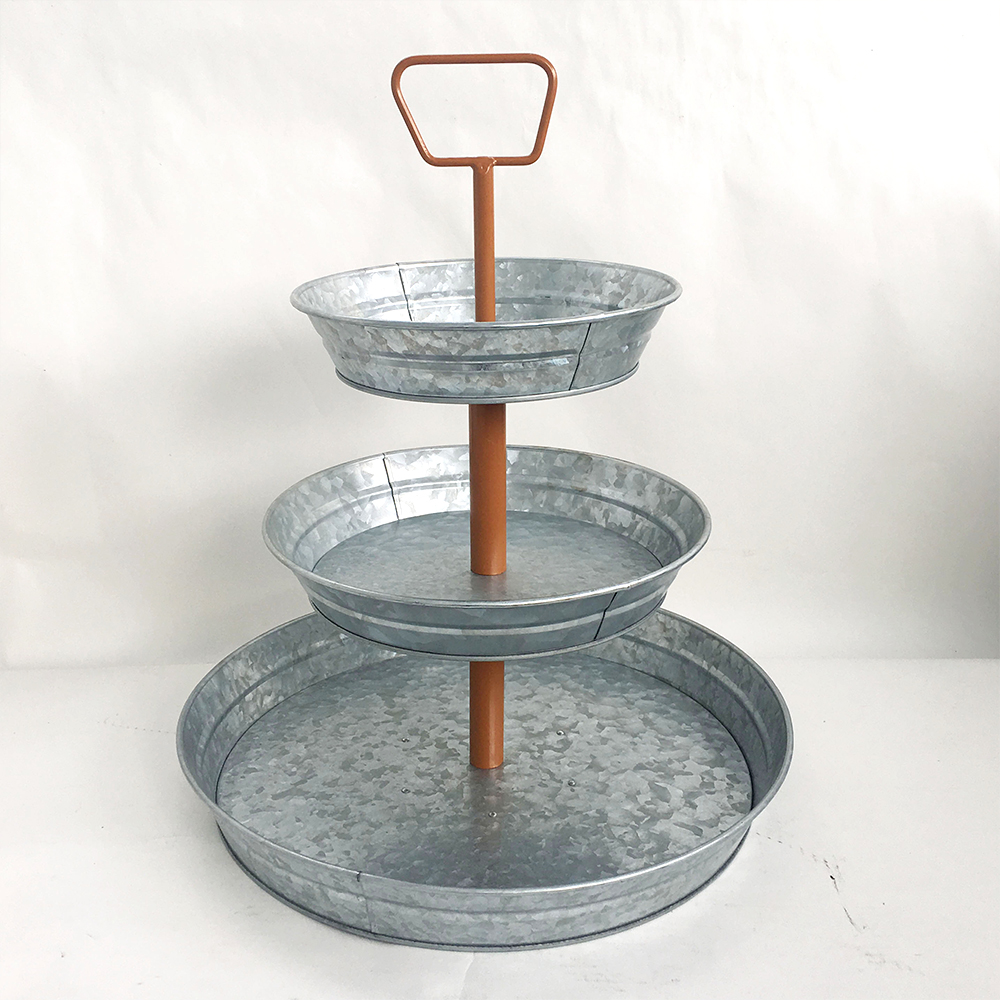 3 Tier Galvanized Metal Stand (Large)Brown Handle Farmhouse Style Serving Tray | Perfect for Rustic, Vintage Decoration in Kitchen and Dining Room