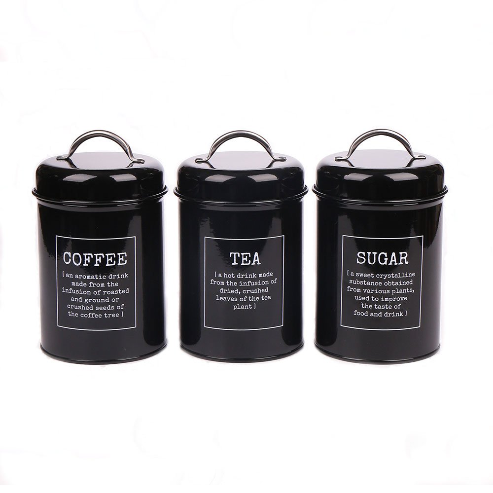 Metal Containers with Lids, Coffee, Tea, Sugar, Set of 3, Black