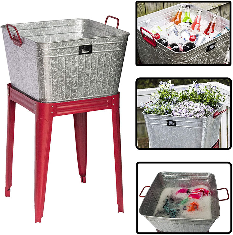 The galvanized Tub is rated for outdoor or indoor use and can be used in many different ways. Your search for ice buckets for parties, a nice wash basin for clothes or dogs, or a very stylish farmhouse planter ends here