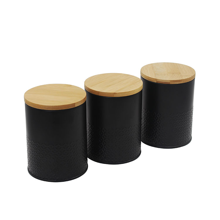 Black Metal 3 Food Storage canister sets for Coffee Tea and Sugar with Bamboo Lids 
