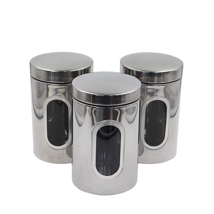 Silver Stainless Steel tea coffee sugar storage Canister Set with Windows 