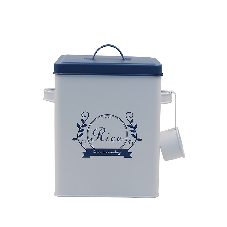 Square Galvanized Metal Iron Rice Storage Box with lid and Spoon 