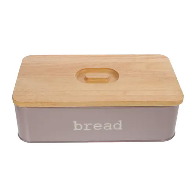 Rustic Kitchen Countertop Bread Storage Bin Container Metal Bread Box with Wood Lid