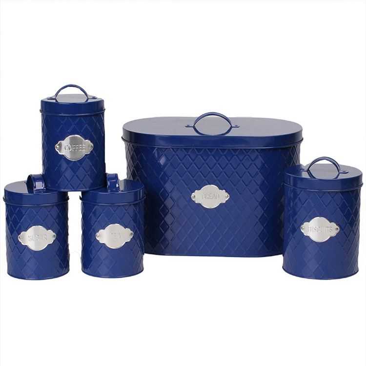 Navy Blue Embossed 5 Piece Metal Bread Bin Storage Container Biscuit Tea Coffee Sugar Kitchen Storage Canister Set