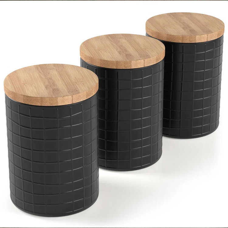 Farmhouse Kitchen Decor Black Coffee Sugar Tea Storage Containers Airtight Metal Kitchen Canisters Set With Bamboo Lids