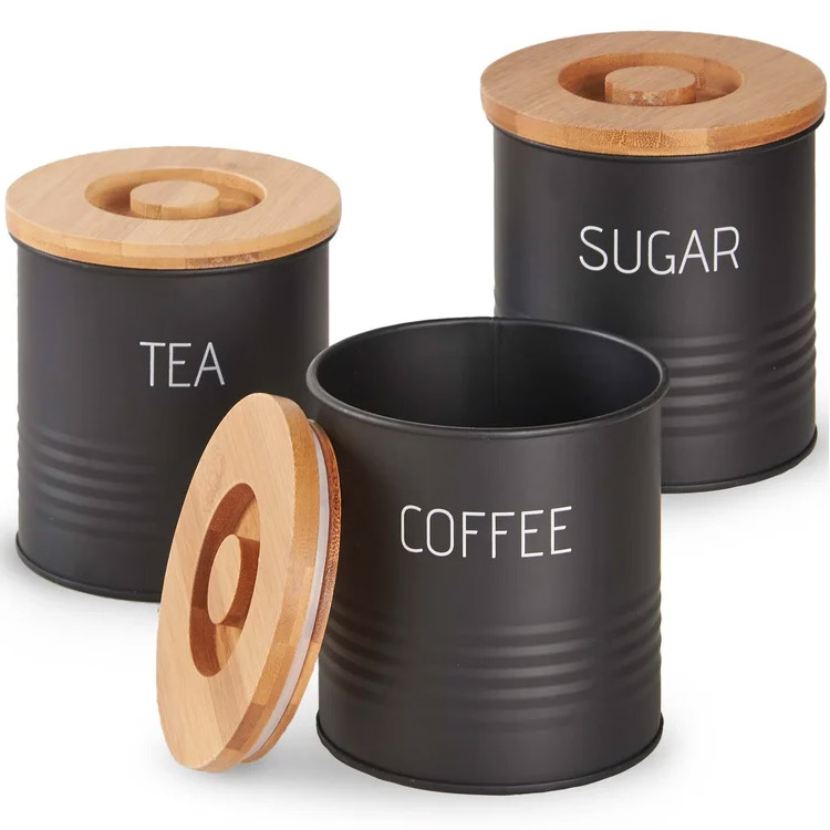 3 Piece Metal Coffee Tea Sugar Jar Set Airtight Kitchen Food Canisters Set with Wooden Lids