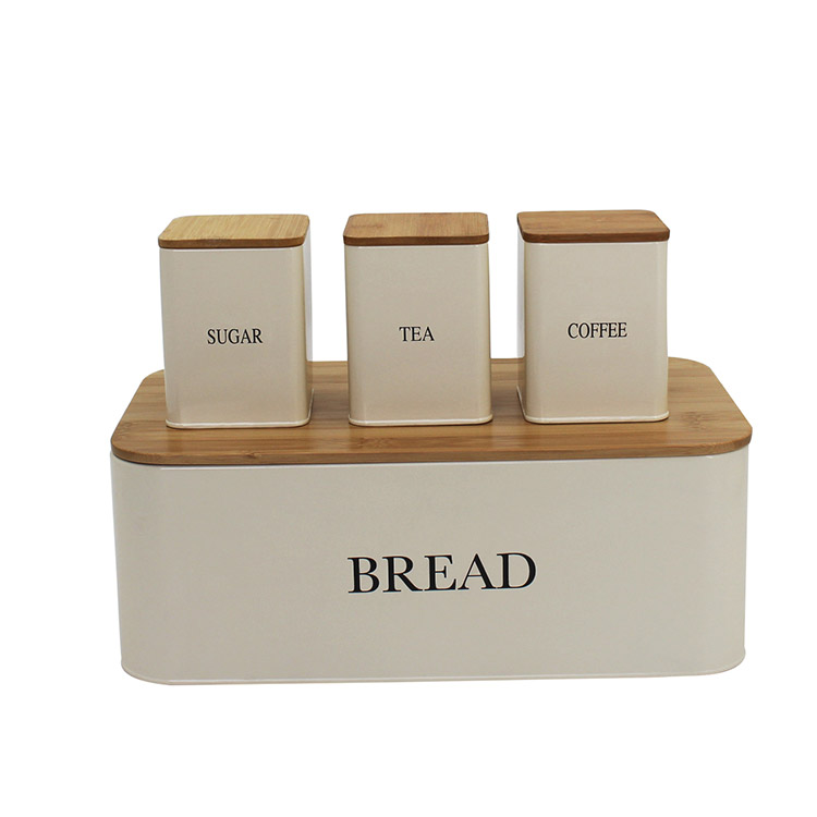 Metal Iron Bread Box and 3-Piece Sugar Tea Coffee Containers Sets Storage Bread Bin Canister Set for Kitchen