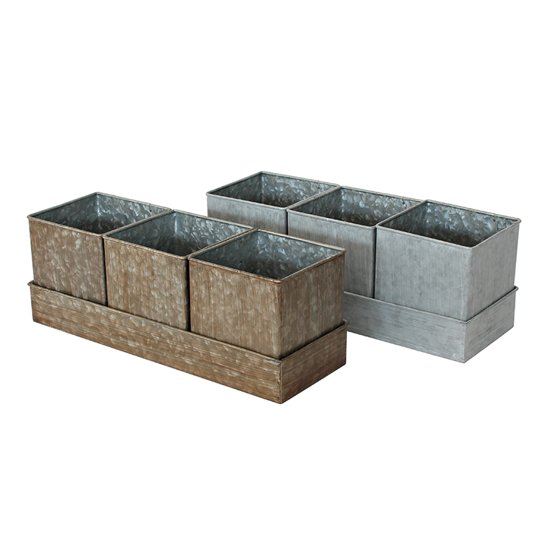 Galvanized 3 pieces flower Pots with tray