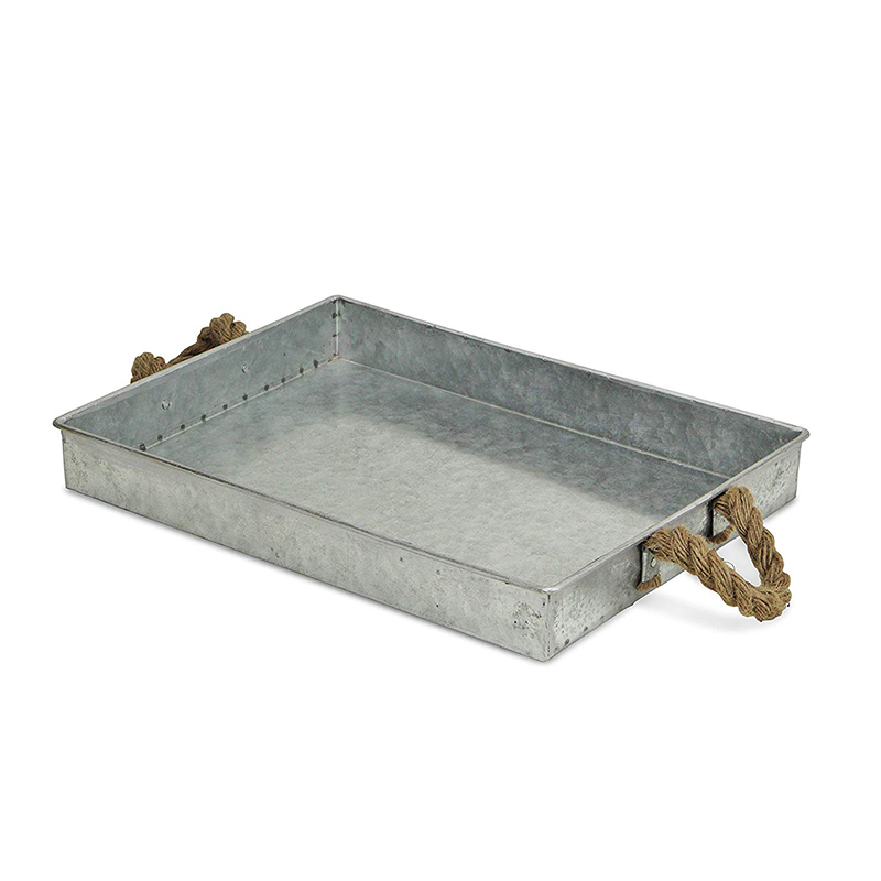 Galvanized Metal Rectangular Tray with Rope Handle