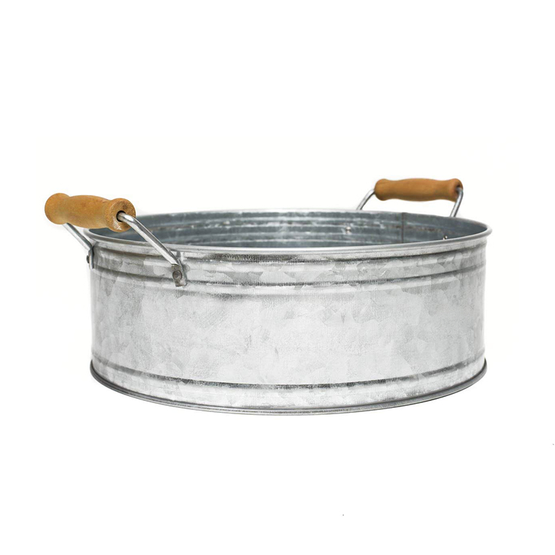 Galvanized Farmhouse Decor Round Metal Bucket Tray with Wooden Handles 