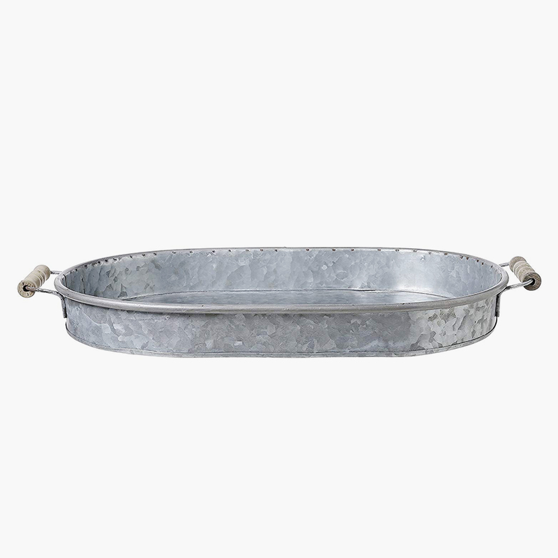 Country Rustic Galvanized Zinc Metal Serving Tray with Wooden Handles