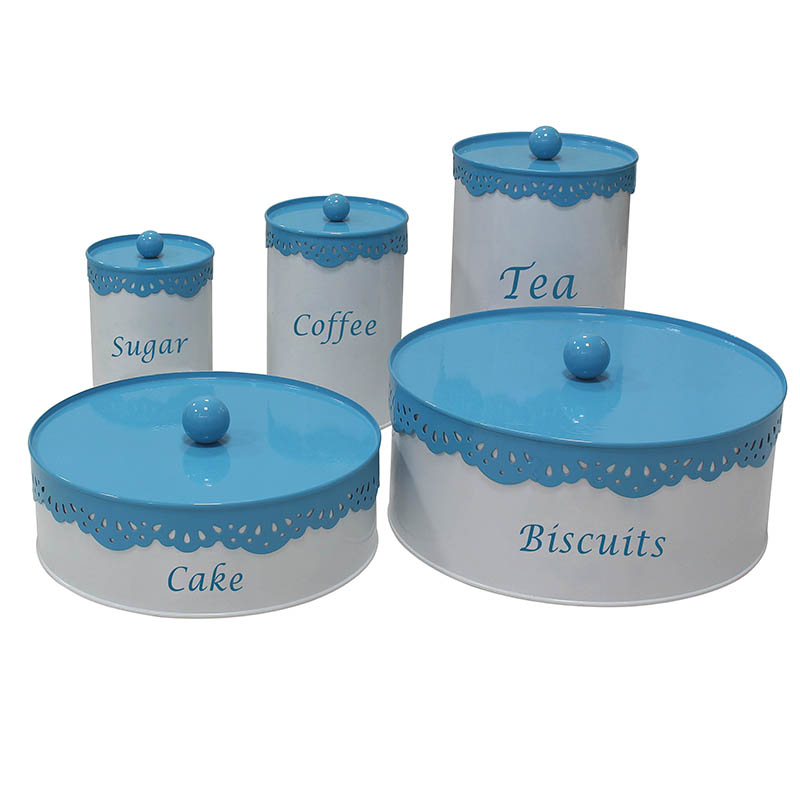 Metal round white cake biscuit sugar coffee tea kitchen storage set