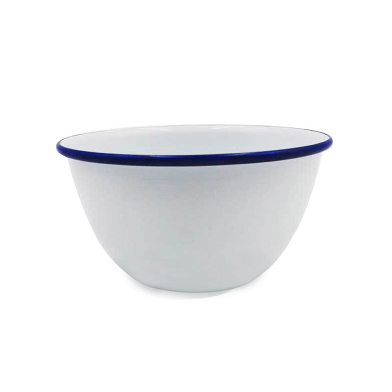 Vintage Style White Salad Enamel Bowl with Blue Trim