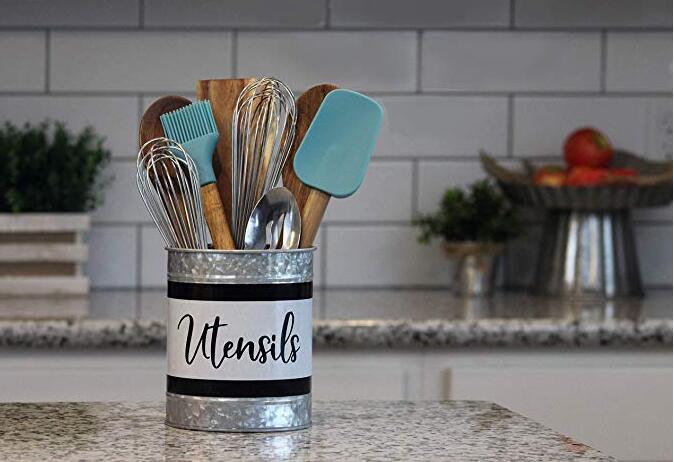 Kitchen Utensil Holder-Galvanized Metal-Rustic Steel Farmhouse Décor for the Home-Black and White Crock Organizer Caddy-Vintage Storage Container for your Large Cooking Tools