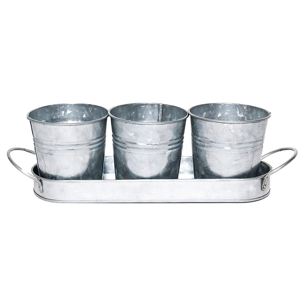 Vintage Finish Planter Pot Set | Galvanized Flower or Herb Pot Set with Tray/Cadd