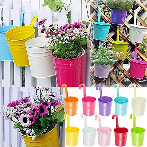 Flower Pots, Metal Iron Hanging Flower Plant Pots Balcony Garden Plant Planter Baskets Fence Bucket Pots 3.94'' Flower Holders with Detachable Hook