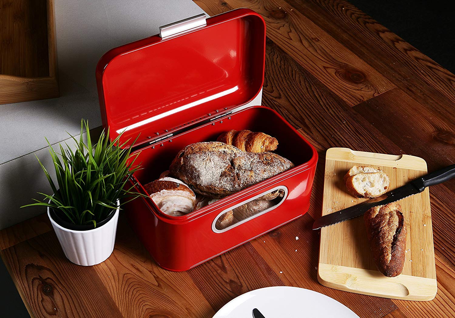 Bread Box for Kitchen Counter - Red Bread Bin, Retro Storage Container with Front Window, For Doughnuts, Pastries, Cookies