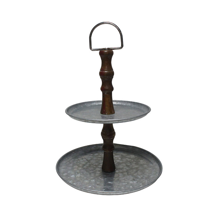 Rustic Galvanized Metal Double Tiered Tray Display Serving Stand with wood Handle 