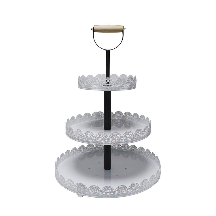 Party Wedding round white 3 tier metal cake stand with wood handle 