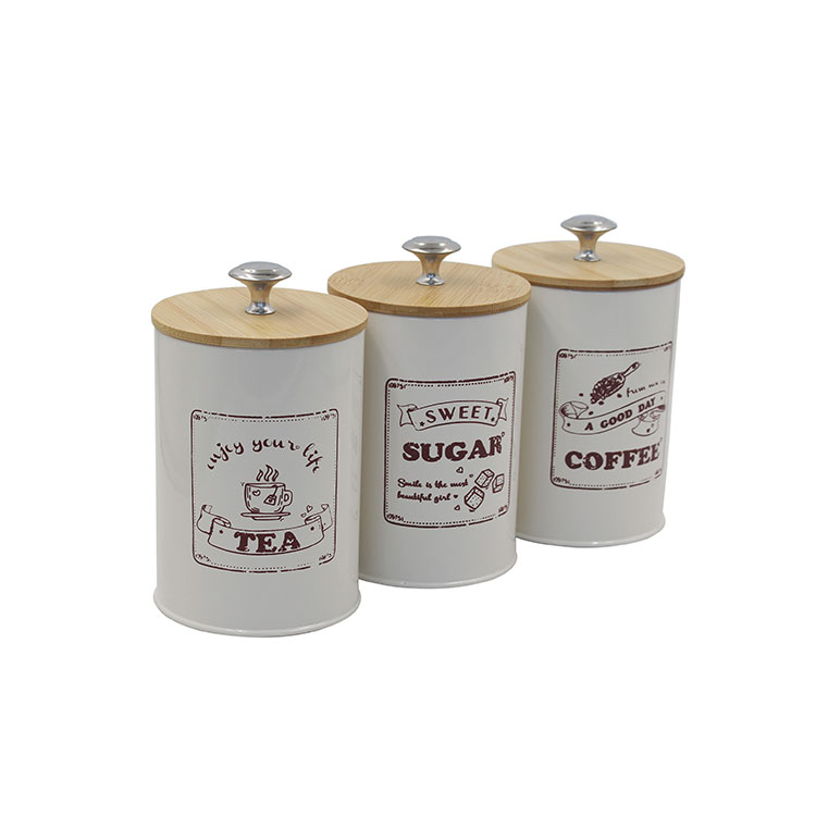 Cream white Set of 3 Metal Food Storage Tin Canister Jar with Bamboo Lid 