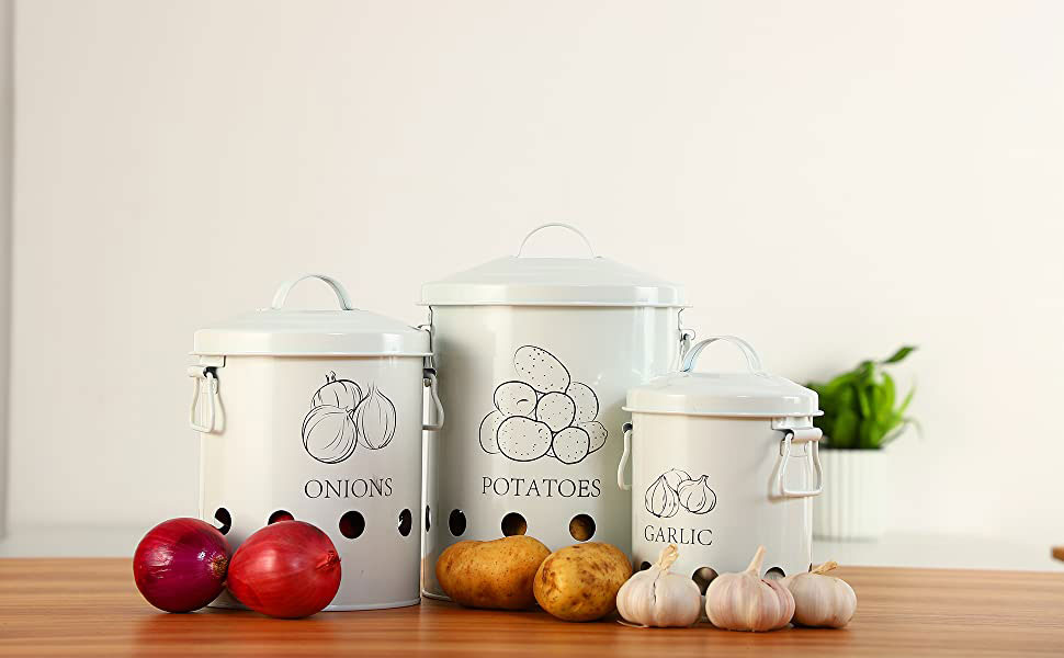 Cream Vintage Potato Onion Kitchen Storage Canisters Jars Pots Containers 