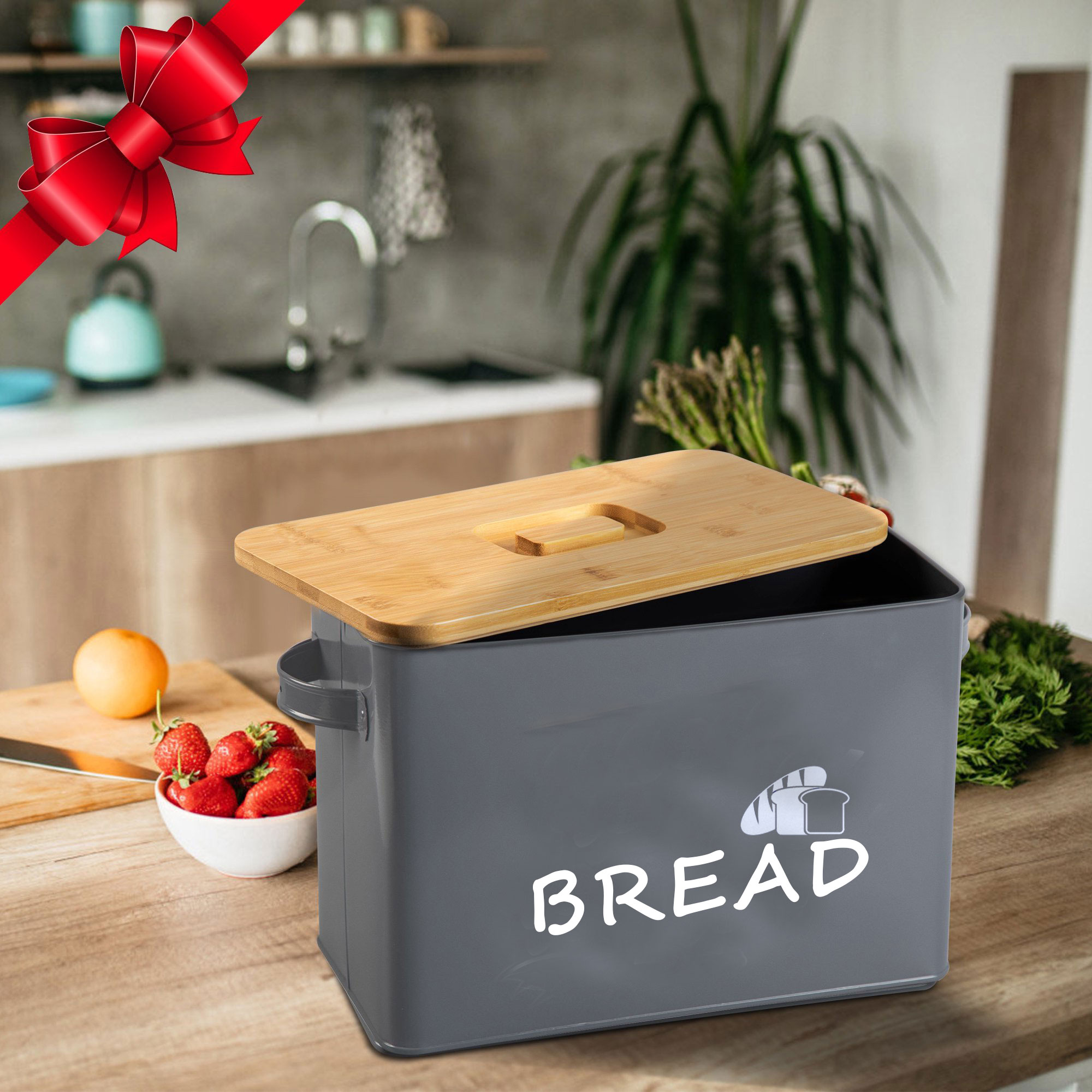 Large Gray Metal Bread Box for Kitchen Countertop Farmhouse Bread Container Box