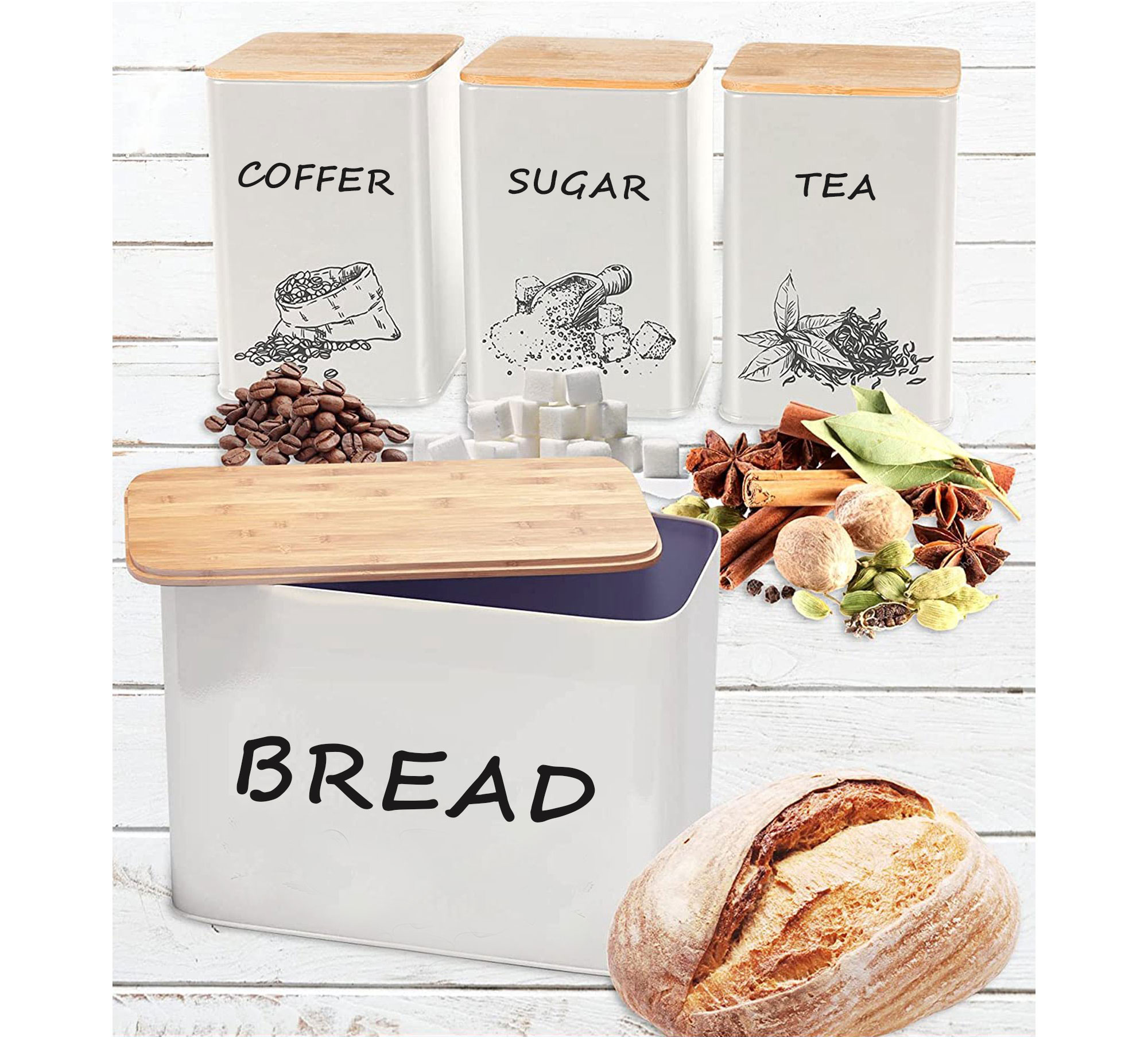 Extra Large Space Saving Vertical Cream Bread Box Sugar Tea Cofee Storage Set of 3 Canisters