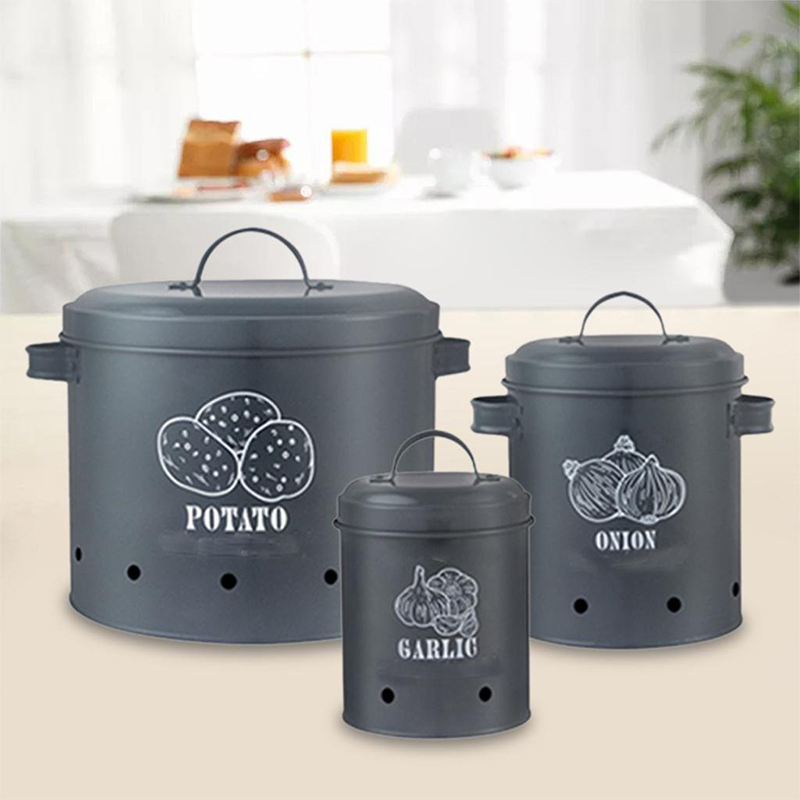 Set of 3 Onion Potato and Garlic Storage Container Tins Metal Canister Sets 