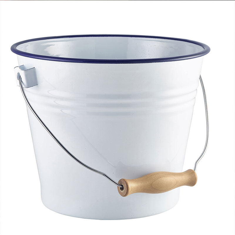 White Galvanized Ice Bucket with Blue Rim Metal Ice Pails for Champagne Beer Wine