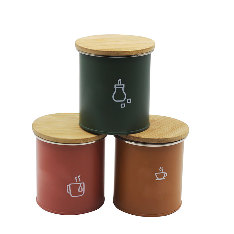 Metal Kitchen Containers Small Tea Coffee Sugar jar food storage canister set with airtight wooden lid