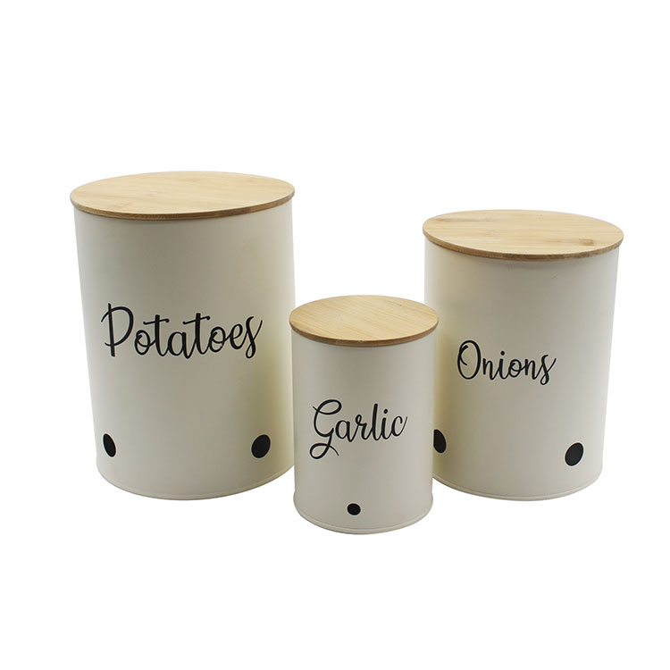 Potato Onion Garlic Vegetable Fresh Keeper Metal Steel Containers Kitchen Storage Canisters With Wooden Lids