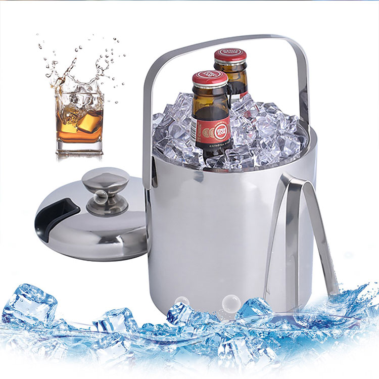 Silver 1.3L Double-Wall Insulated Ice Bucket Stainless Steel Ice Cube Beverage Wi