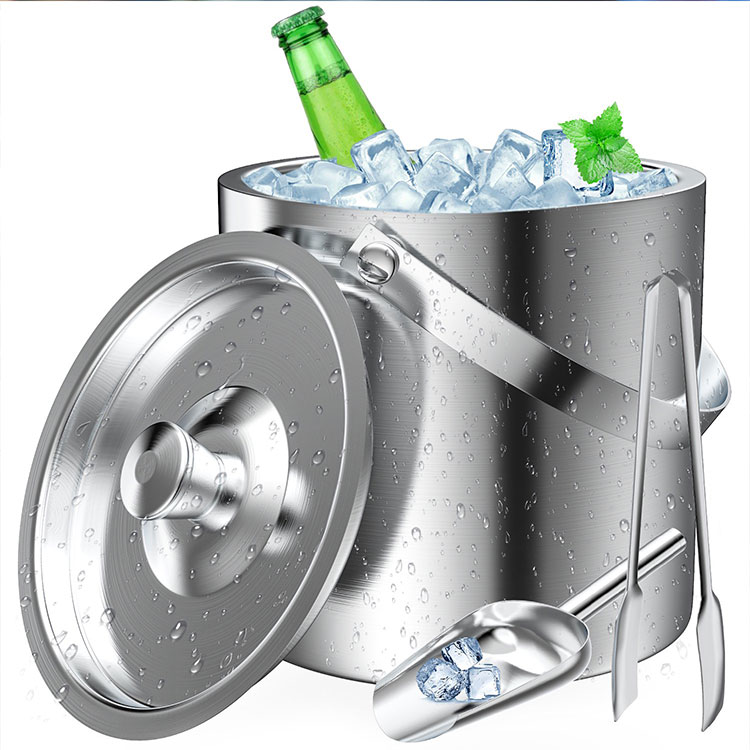 2L Stainless Steel Double Wall Insulated Ice Bucket with Ice Tongs and Shovel For