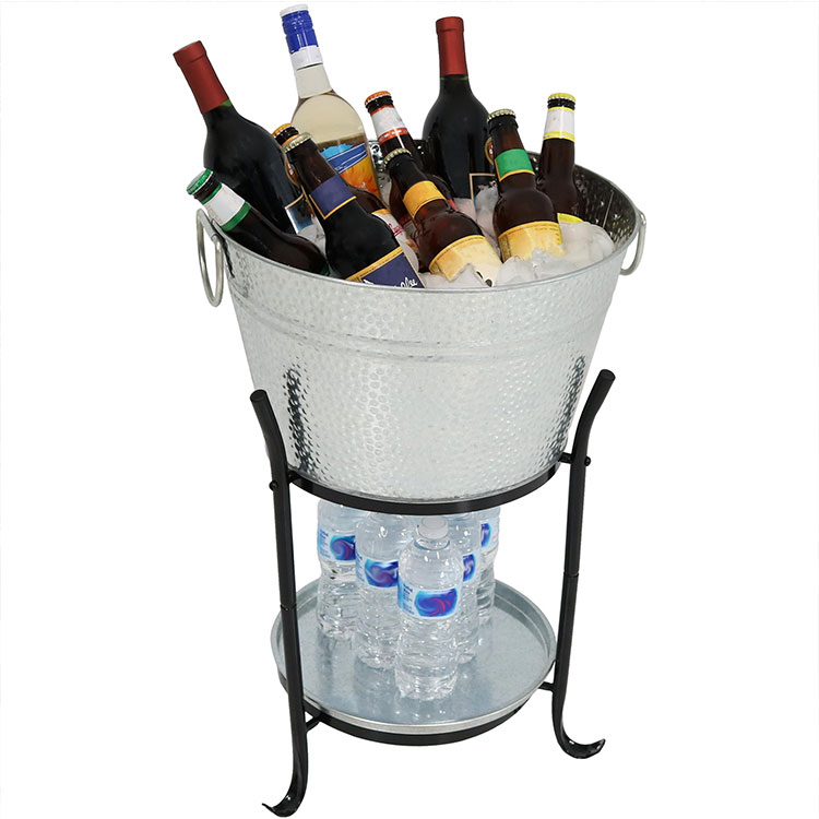 Home Metal Beverage Tub Galvanized Steel Ice Bucket Holder and Cooler with Stand and Tray