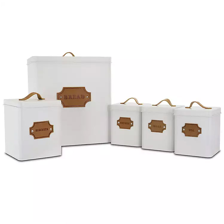 Set of 5 White Metal Square Label Biscuit Tea Sugar Coffee Canisters And Bread Box Bin Containers