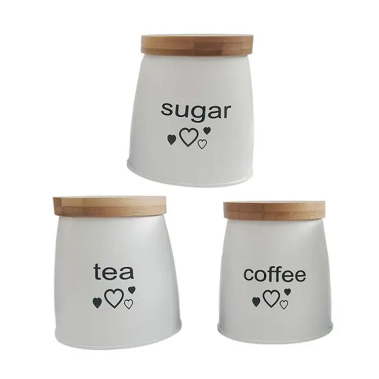 Home Decor White Metal Tea Coffee Sugar Canister Sets with Bamboo Lid for Organization