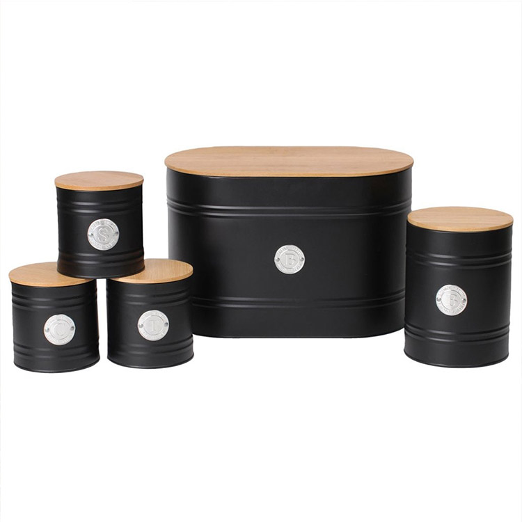 5 Piece Black Galvanized Metal Kitchen Storage Set Bread Box Biscuit Tin Sugar Coffee Tea Kitchen Canister Set
