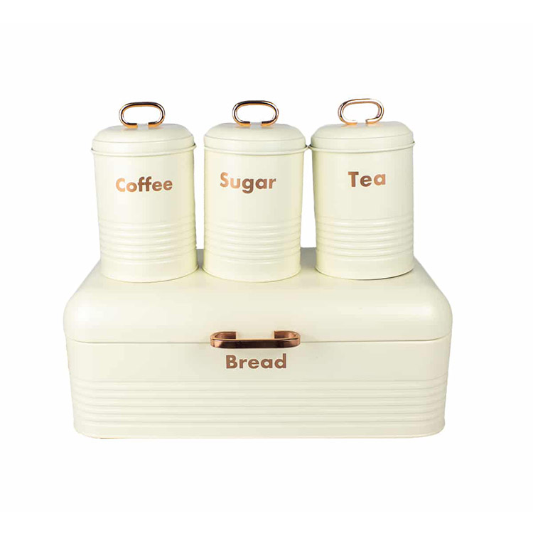 Galvanized Steel Design Retro Bread bin with 3 Piece Matching Canister Set Bread Box Tea Coffee Sugar Storage Container Set