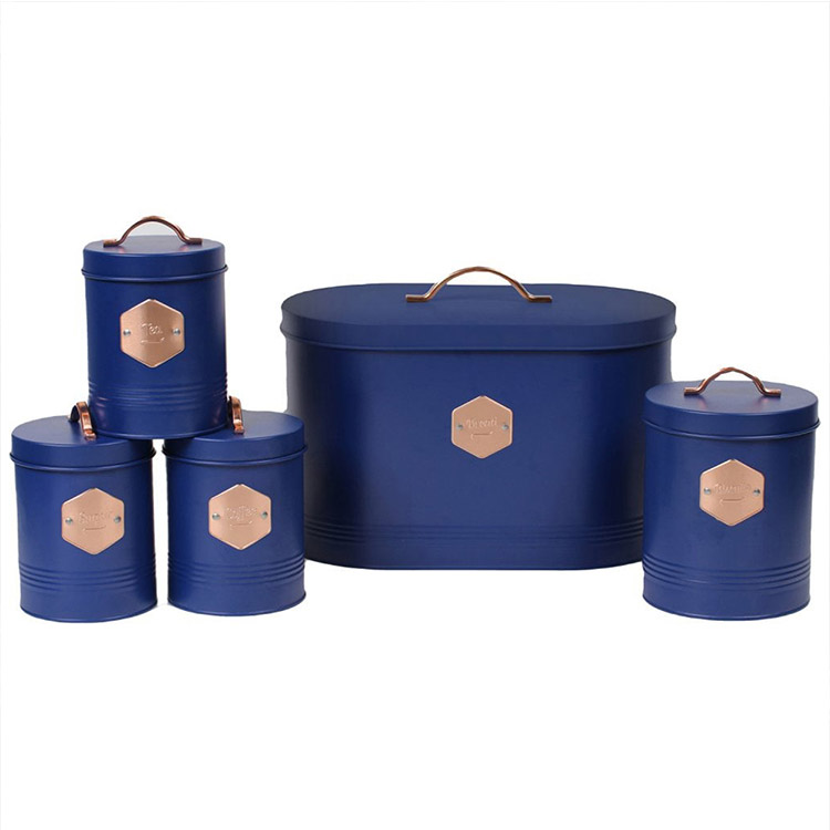 Navy Neo Retro Inspired Galvanized Metal 5 Piece Bread Box Bin Biscuit Tea Coffee Sugar Kitchen Canister Set