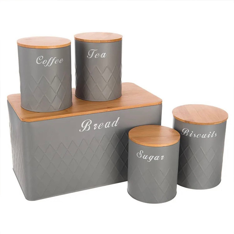 Galvanized Metal 5pcs Grey Tea Coffee Sugar Jar Bread Bin Box Container Kitchen Storage Tins Canister Set Bamboo Lid